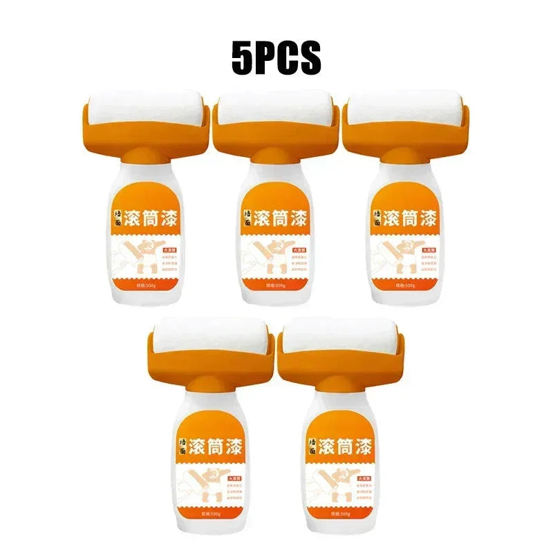 Set of 5 orange paint rollers with bottles for easy wall painting application