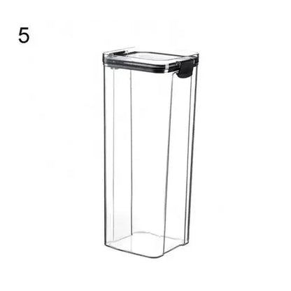 Tall clear plastic food storage container with airtight lid, minimalist design