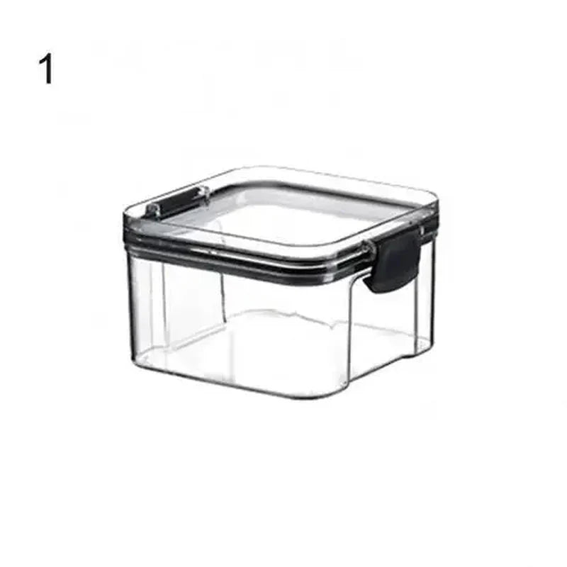Clear square food storage container with airtight lid and black clip