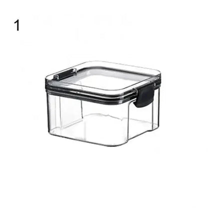 Clear square food storage container with airtight lid and black clip