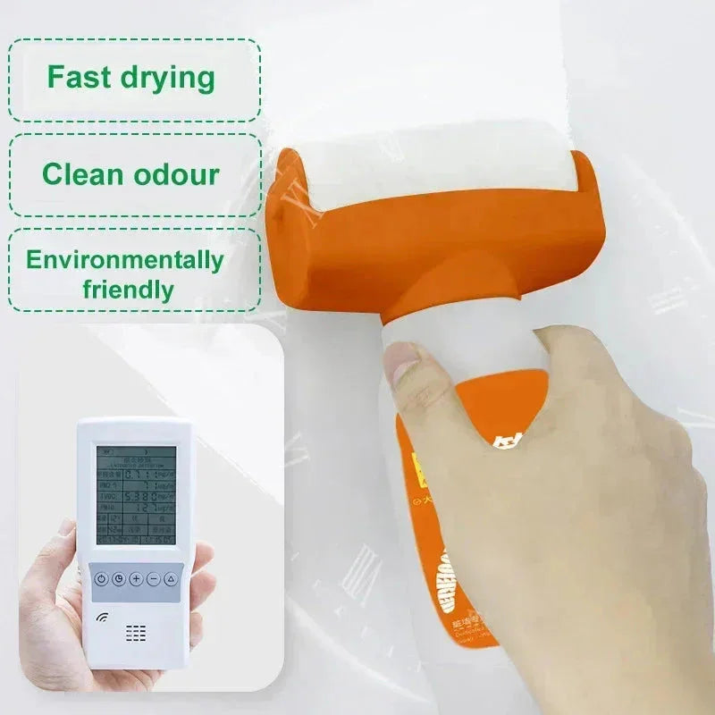 Hand using orange cleaning roller on white surface with digital display and eco-friendly features highlighted