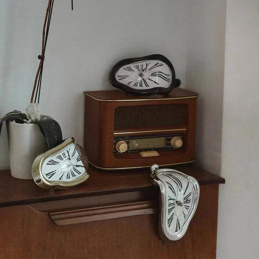 Vintage radio with surreal melting clocks on wooden shelf, modern home decor