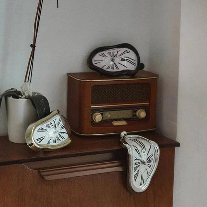 Vintage radio with surreal melting clocks on wooden shelf, modern home decor