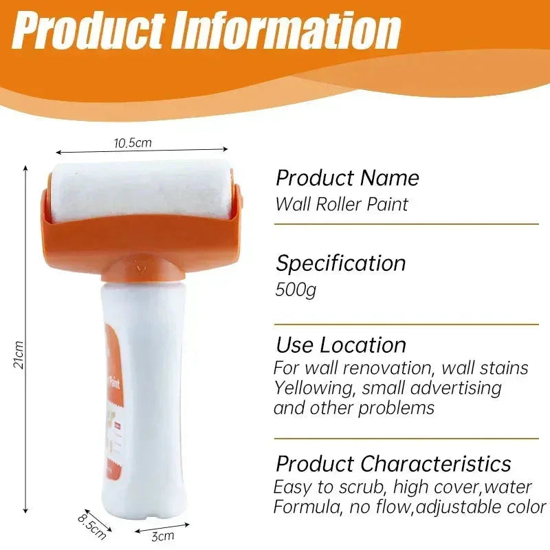 Wall roller paint tool with ergonomic handle, product information and dimensions displayed.