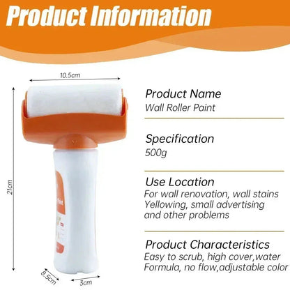 Wall roller paint tool with ergonomic handle, product information and dimensions displayed.