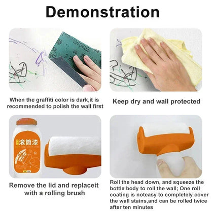Instructional guide showing steps to remove wall graffiti with sanding, cleaning, and paint roller.
