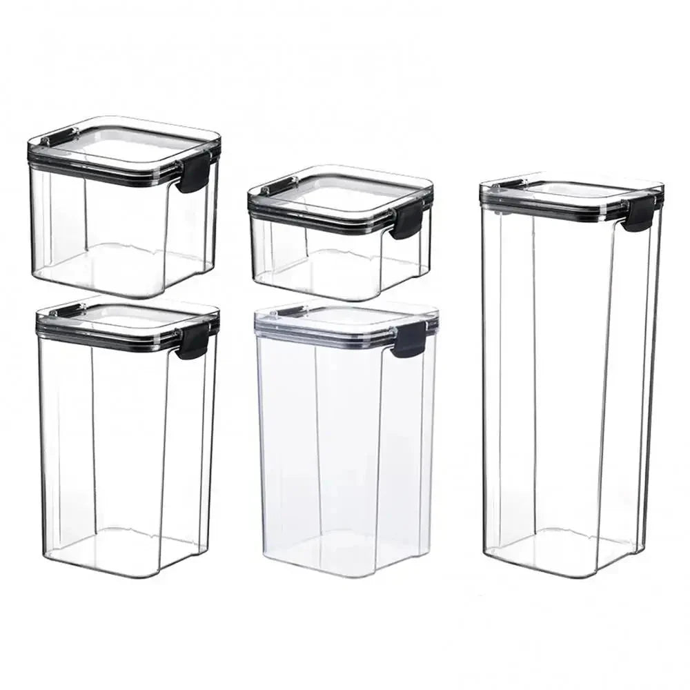 Set of five clear plastic airtight food storage containers with black lids