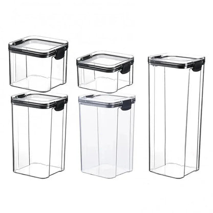 Set of five clear plastic airtight food storage containers with black lids