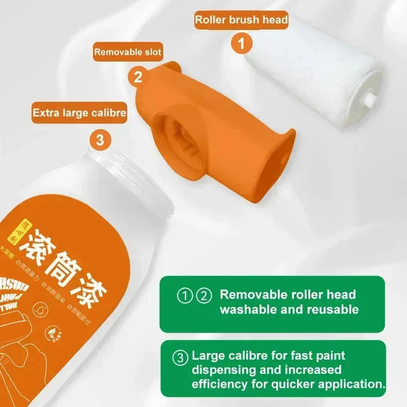 Removable paint roller brush head with extra large refillable bottle for fast paint application