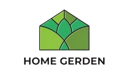 Green geometric logo with leaf shapes inside a house outline, text reading 'HOME GERDEN' below.
